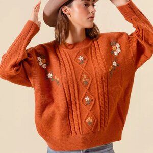 SO ME Embroidered Flower Cable Knitted‎ Sweater